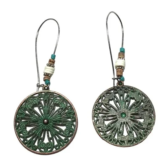 Bohemian Green Filigree Metal Earrings With Beaded Accents For Women - Picture 3 of 3